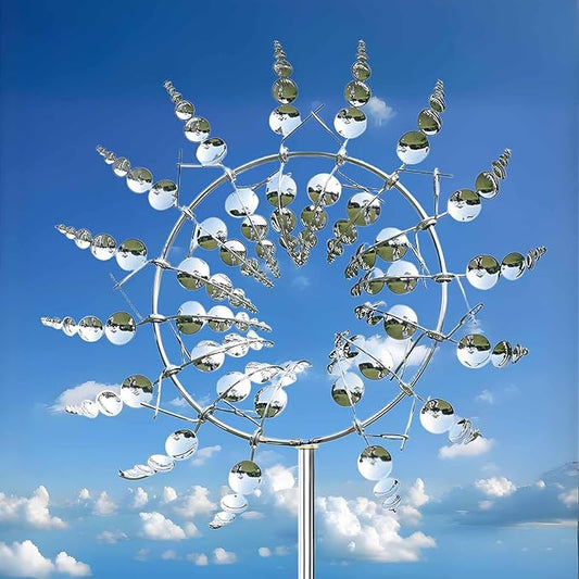 3D Kinetic Metal Wind Spinners – 2-Pack Silver Garden Wind Sculpture | Multi-Directional Ball Bearing | Yard & Garden Decor