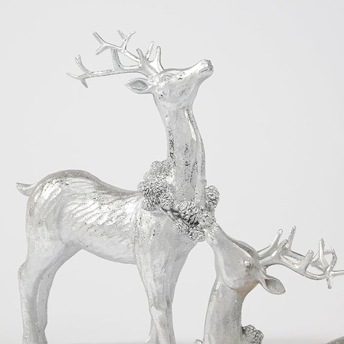 DN DECONATION Christmas Reindeer Figurines, Winter Deer Small Statues Decor, Silver Decorative Reindeer Sculptures, Resin Xmas Holiday Home Décor Accents for Office Living Room & Bedroom 2PCS