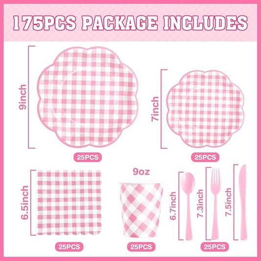 Pink gingham picnic tableware set components: plates, cups, napkins, and cutlery