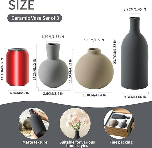 Set of 3 ceramic vases in matte black, light gray, and tan with rounded shapes