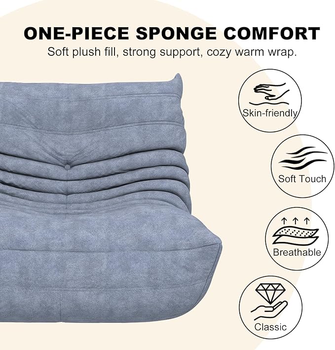 Slate Blue Microfiber Ripple Single Floor Lounge Chair - Togo-Style Sophisticated Solo Foam Seat for Design-Led Interiors, Nursery, and Elevated Reading Corners