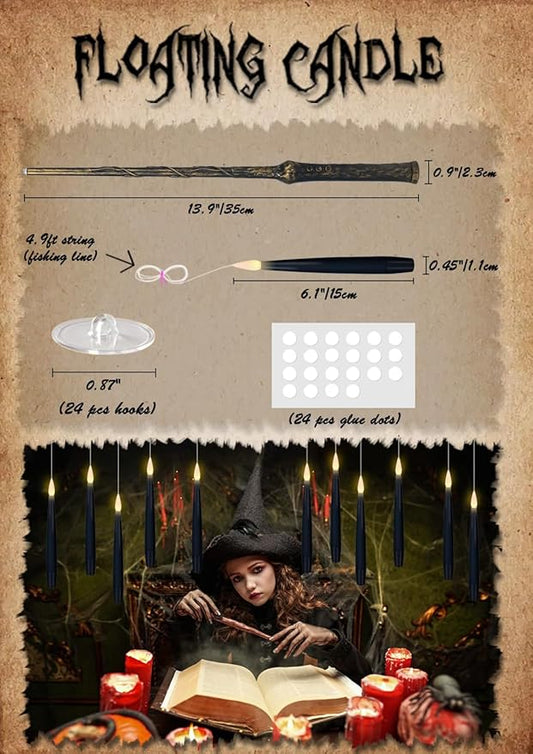 Flameless Floating Candles with Magic Wand Remote – 22 Pack Black | LED Flickering Hanging Candles | Halloween & Gothic Decor