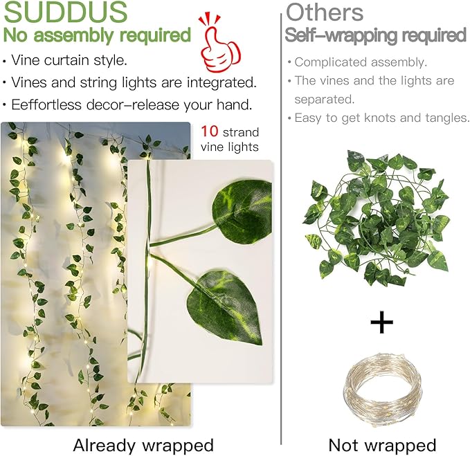 Pothos Vine Fairy Lights – 6.5ft x 6.5ft 200 LED Warm White | Copper Wire | Pre-Attached Leaf Curtain | Remote Timer Dimmer | Bedroom Dorm Wedding Party Wall