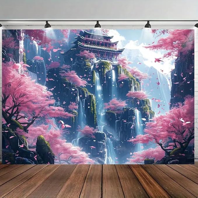 Japanese Cherry Blossom Tapestry – 90"x70" | HD Print Pink Sakura Mountain Waterfall Fairytale | Asian Aesthetic Wall Hanging for Bedroom & Living Room