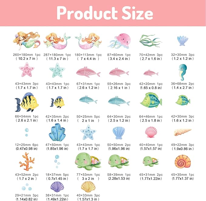 Glow in the Dark Mermaid Wall Decals – 68 Pcs Ocean Stickers | Mermaid Turtle Seahorse Jellyfish Starfish | Peel & Stick Ceiling Wall | Nursery Playroom Bedroom Gift