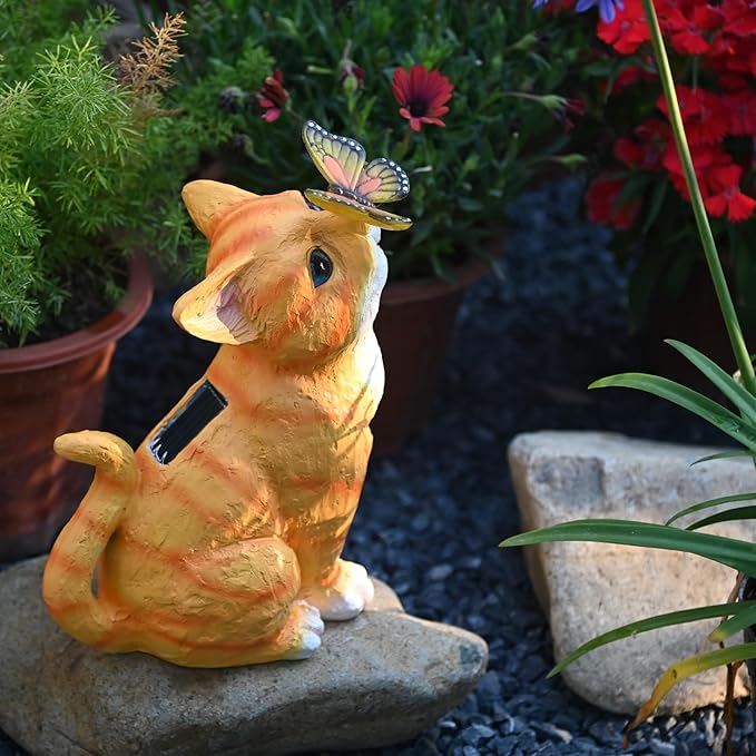 Yellow Cat Solar Garden Statue with LED Light - Waterproof Resin Outdoor Decor