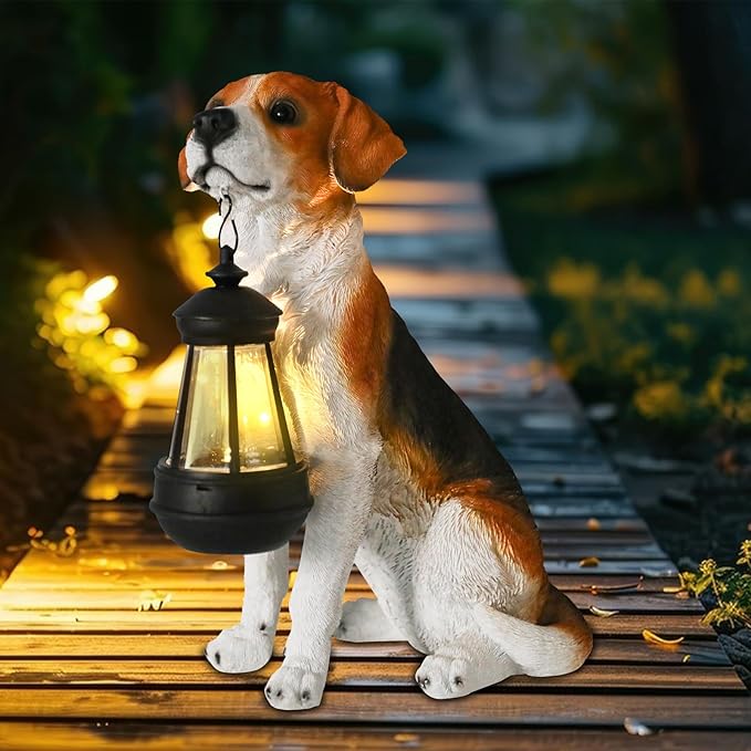 Solar Beagle Dog Garden Statue with Lantern - 11.8-Inch Resin Outdoor Decor