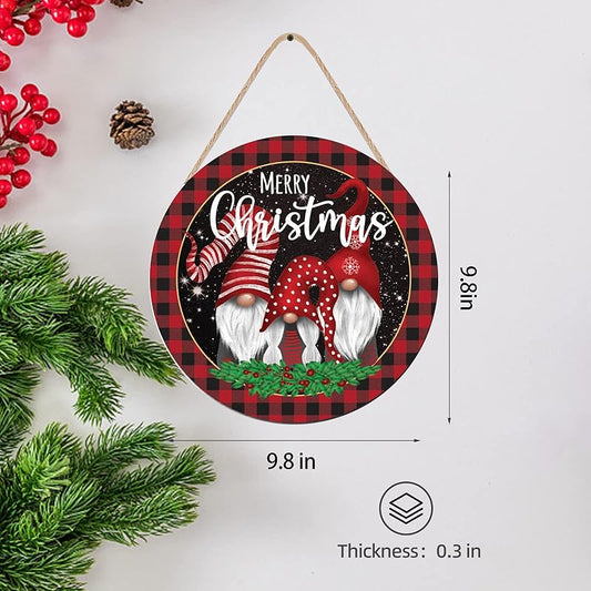 Round wooden hanging Christmas sign with 'Merry Christmas' and gnomes; 9.8 in size shown