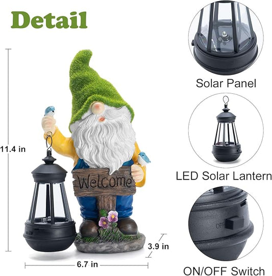 Solar gnome statue with black lantern, solar panel on top, and LED lantern detail view