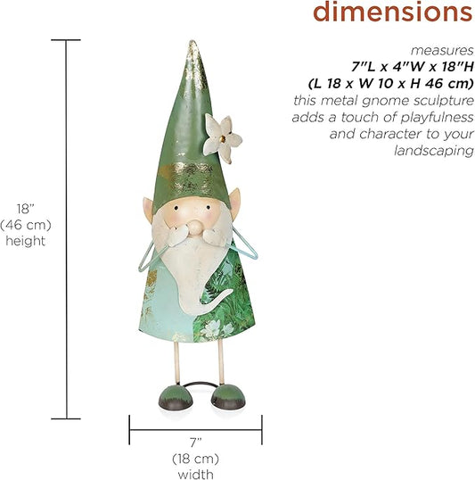 18-inch metal garden gnome statue with green hat, white face and beard, and thin wire legs