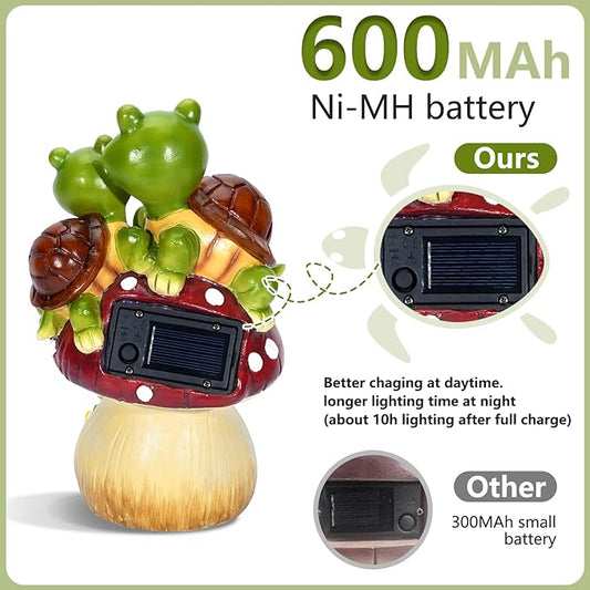 Turtle on Mushroom Solar Garden Statue with 5 LED Lights - Resin Outdoor Decor