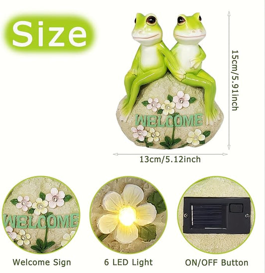 Frog Couple Solar Garden Statue with LED Flowers and Welcome Sign