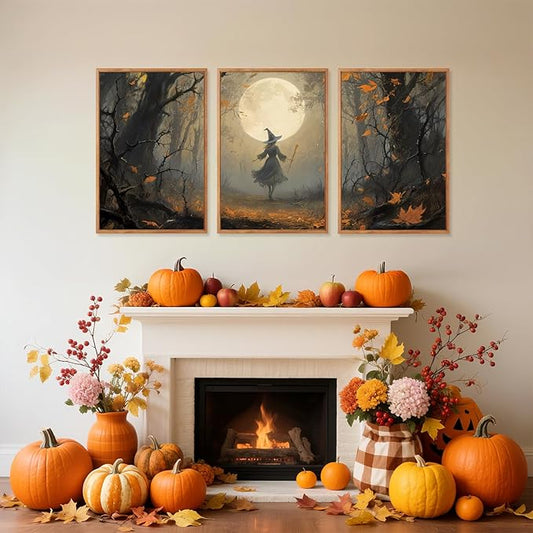 Moonlight Witch in the Maple Forest Framed Canvas Wall Art – Set of 3 | 16"x24" Gothic Dark Academia Witchy Decor | Halloween & Mystical Home Decor