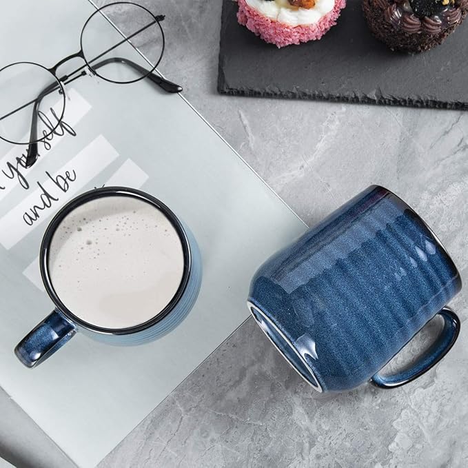 Navy Blue Modern Ceramic Coffee Mugs – Set of 4 | 12oz Non-Slip Handle | Lead-Free | Dishwasher & Microwave Safe | Coffee Gift Set