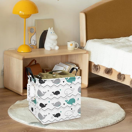 Whale Canvas Storage Hamper Basket - Foldable Waterproof Ocean Nursery Bin for Baby Gifts, Toy Storage, and Hamper Building