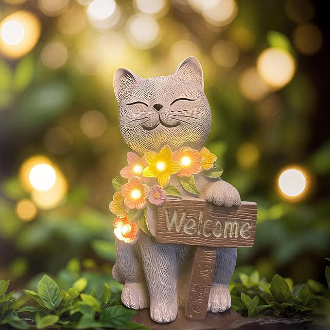 Cat Solar Garden Statue with Welcome Sign and LED Flowers - Weatherproof Resin Decor