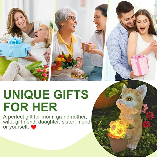 Solar Cat Garden Statue with Flower Pot - IP44 Resin Outdoor Decor