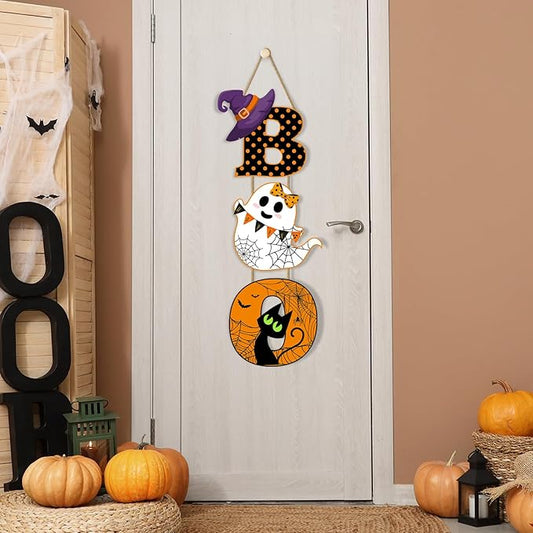 Halloween wooden hanging door decoration with witch hat B, ghost dog, and pumpkin spider