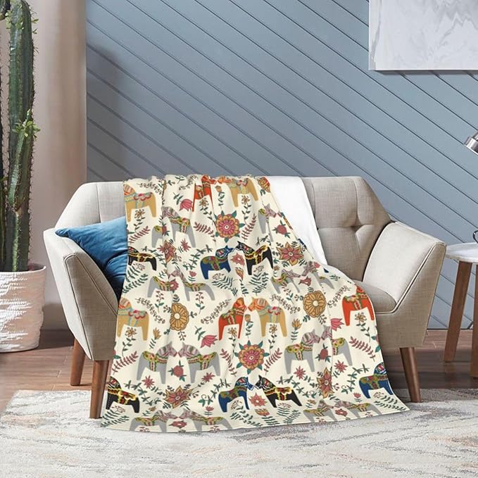 Swedish Dala Horses Kids Throw Blanket – 50"x40" | Soft Fleece Children’s Blanket | Scandinavian Folk Art Design | Gift for Kids & Baby