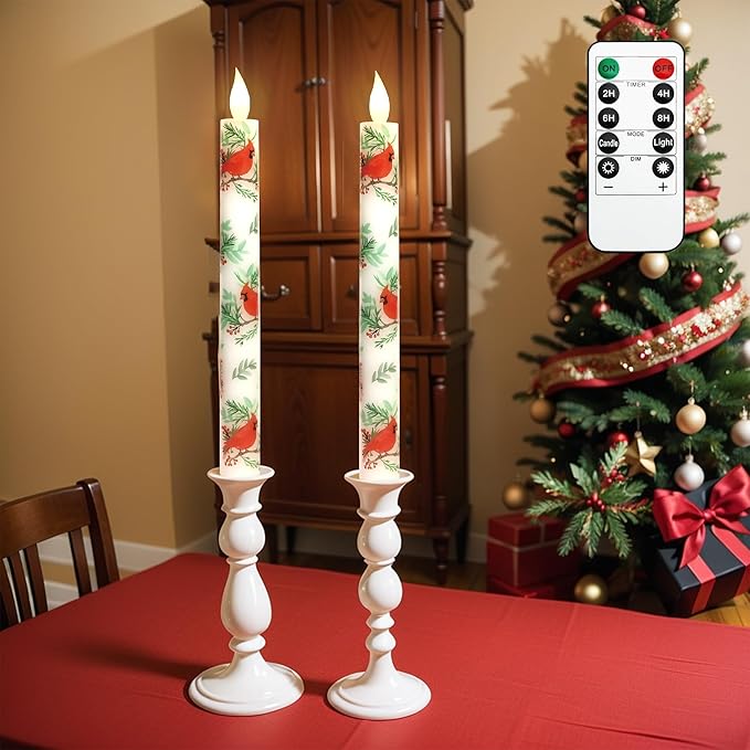 LED taper candles with remote, white cardinal-and-leaf pattern, warm LED flames in white holders.