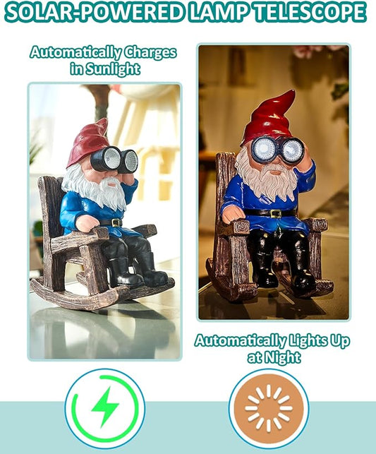 Solar lamp telescope gnome resin figurine on rocking chair, red hat and blue outfit
