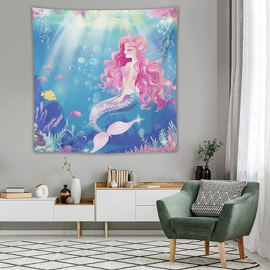 Pink Hair Mermaid Princess Wall Tapestry – 60" x 60" Square Watercolour | Symmetrical Girls Bedroom Kids Room | Wall Hanging Dorm Living Room