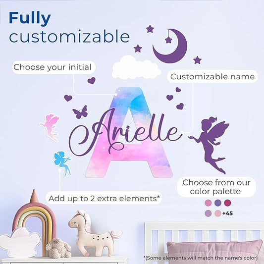 Custom name wall decal design sheet with “Arielle,” initial, stars, hearts, and fairy elements.
