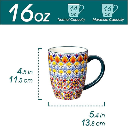 16 oz ceramic coffee mug with dark teal handle and colorful boho floral geometric print