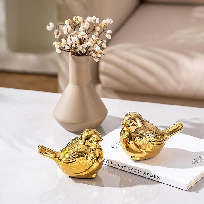 Set of 2 Ceramic Bird Figurines - Modern Boho Home and Office Decor