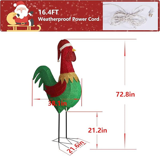 Colorful LED lighted rooster decoration with red Christmas hat on a metal stake stand