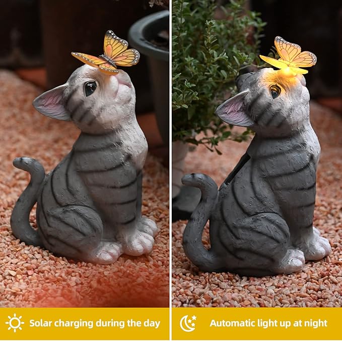 Cat Solar Garden Statue with LED Light - Waterproof Resin Outdoor Decor
