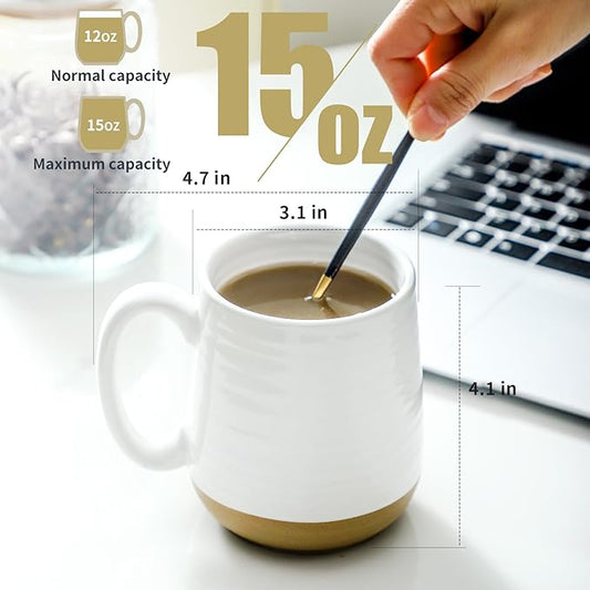 Classic White Ceramic Coffee Mugs – Set of 6 | 15oz Two-Tone Matte & Gloss Finish | Dishwasher & Microwave Safe | Coffee Gift Set