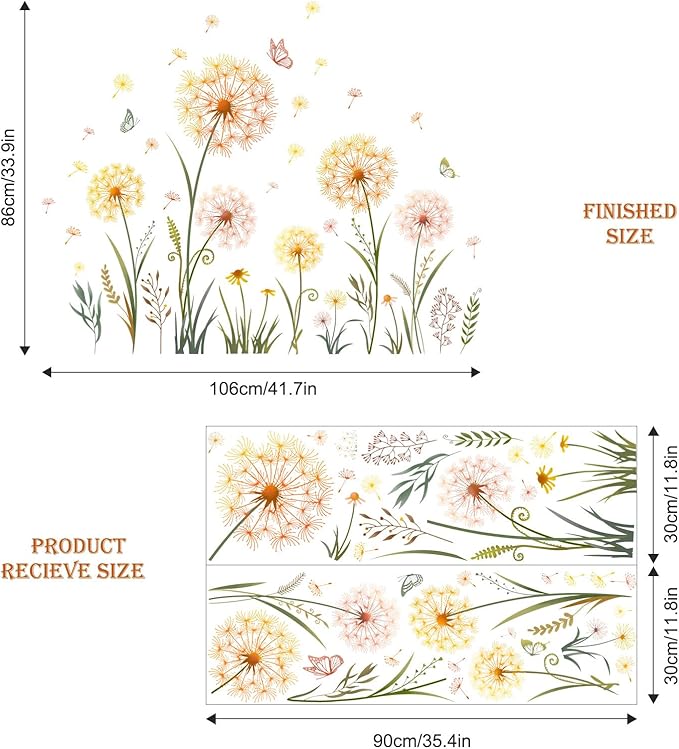 Wall decal size diagram showing dandelion and butterfly pattern with measurements