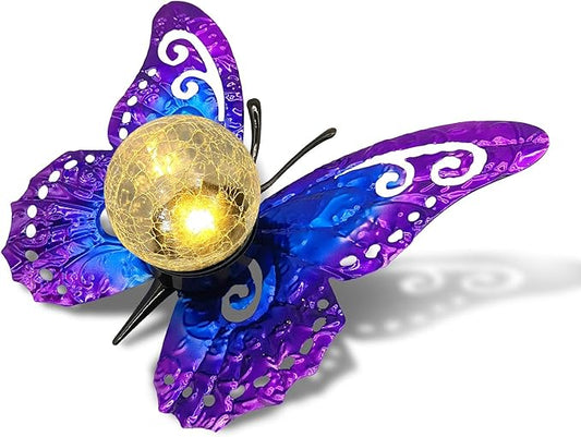 Solar Butterfly Garden Stake Light with Crackle Glass Globe - Metal Outdoor Decor