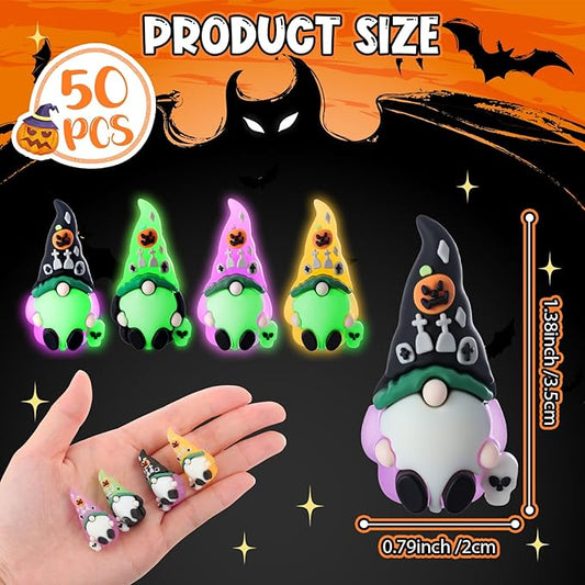 Hand holding luminous mini Halloween gnome figurines; multiple colors, 0.79in size shown