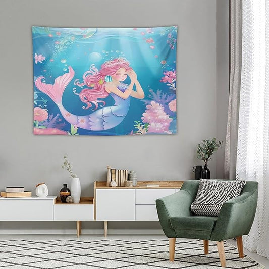 Floral Mermaid Princess Wall Tapestry – 40" x 30" Watercolour Flowers & Blessing Design | Girls Bedroom Nursery Kids Room | Wall Hanging