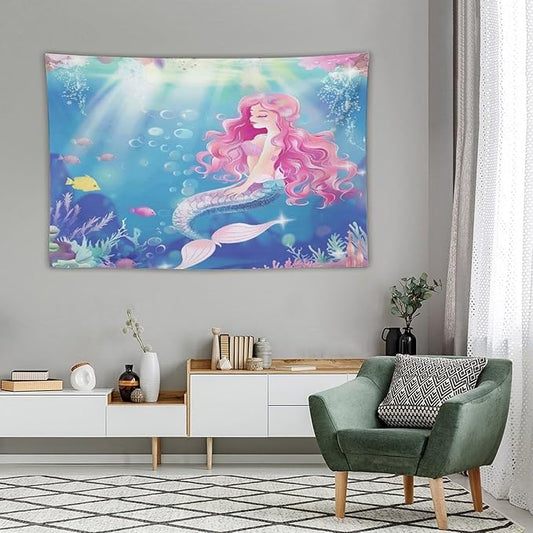 Mermaid Princess Pink Hair Wall Tapestry – 90" x 60" XL Watercolour | Largest Girls Bedroom Decor | Wall Hanging | Dorm Living Room Kids Room