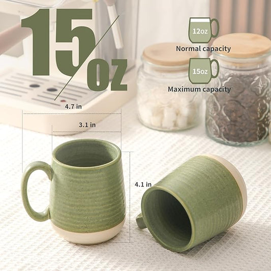 Green Porcelain Coffee Mugs – Set of 6 | 15oz Classic Two-Tone Glaze | Cool-Grip Handle | Freezer, Dishwasher & Microwave Safe