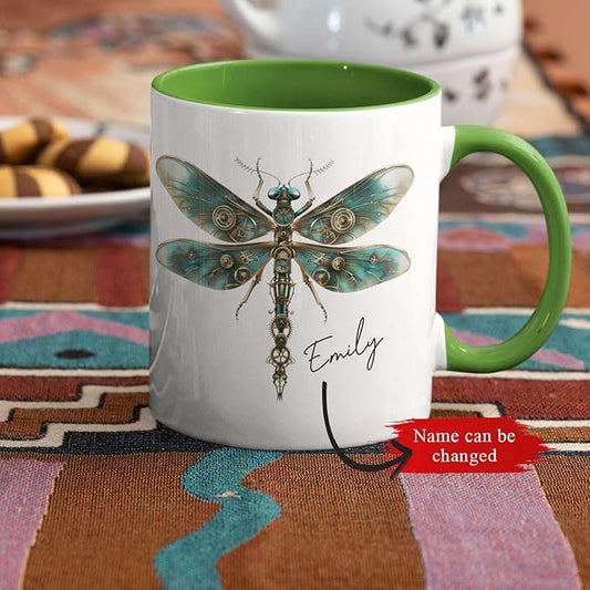 White ceramic mug with green interior and handle, teal steampunk dragonfly, Emily