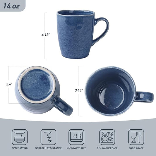 Aurora Reactive Glaze Stoneware Mugs – Set of 4 | 14oz Lagoon Blue | Handcrafted Artisan Coffee Mugs for Latte, Cappuccino & More