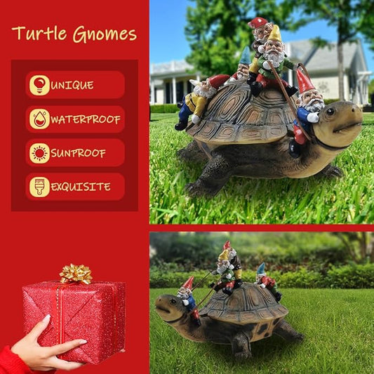 Garden resin turtle statue with gnomes riding on its back, bright outfits