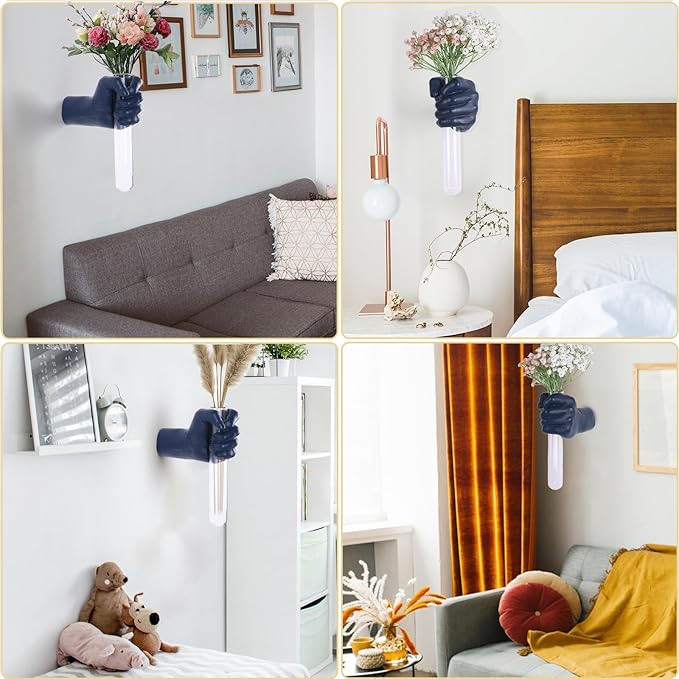 Blue Hand Wall Vase Sculpture - Modern Resin Wall Art with Test Tube Vase for Flowers, Plants, and Decorative Branches