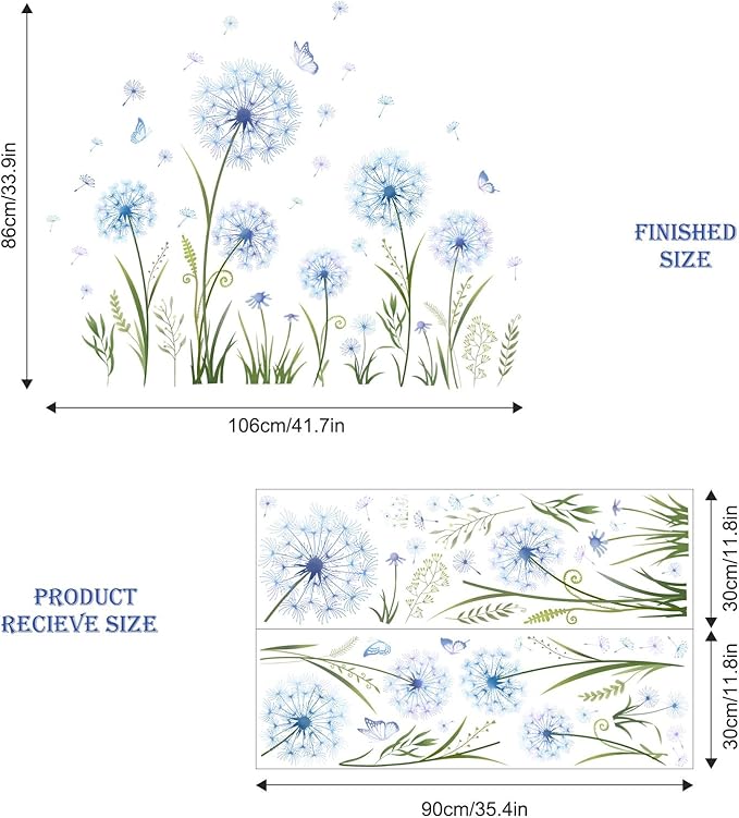 Blue dandelion butterfly wall decal size diagram with finished dimensions