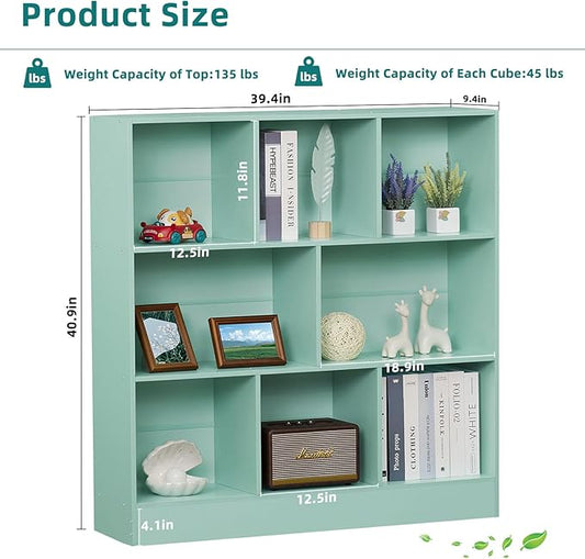 Mint Green 8-Cube Bookshelf with Elevated Base - Wide 3-Tier Display Bookcase for Kids Room, Nursery, and Living Room