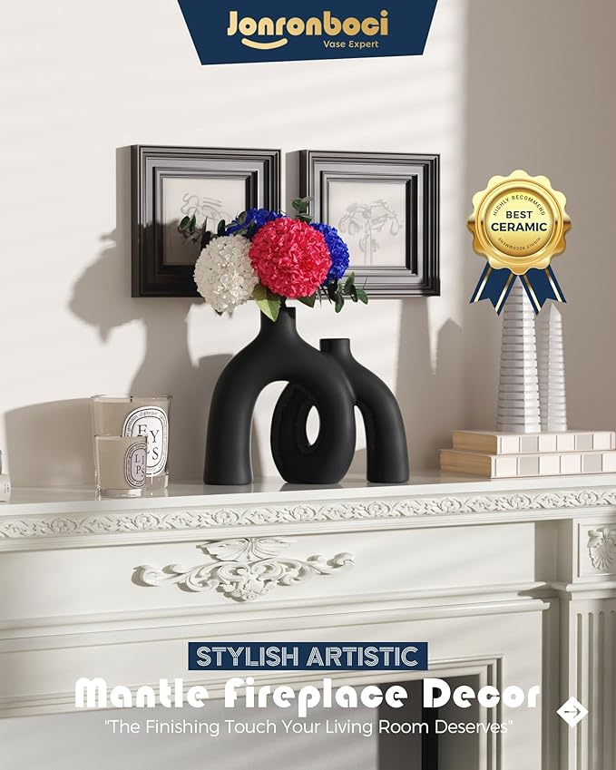 Matte black ceramic conjoined donut hug vase with two oval openings for flower display