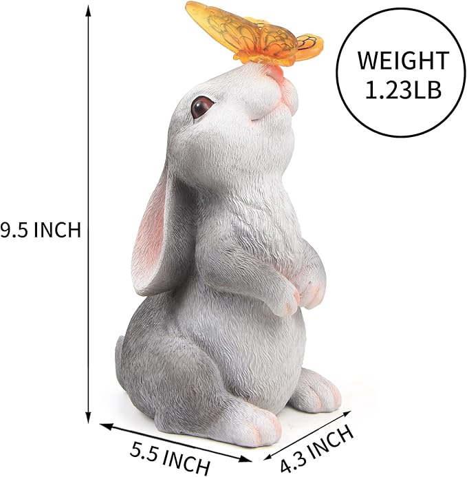 Solar Rabbit Garden Statue with Butterfly LED Light - 9.5-Inch Resin Decor