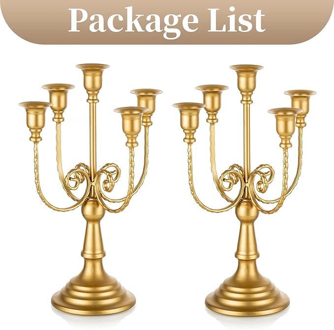 Set of two matte gold 5-candle metal candelabras with curved vine arms