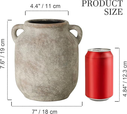 Textured gray ceramic vase with two side handles and wide opening, product size shown