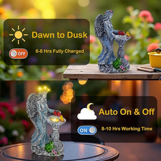 Solar Angel Garden Statue with Birdbath and 7-Color RGB Lights - Waterproof Resin Outdoor Decor