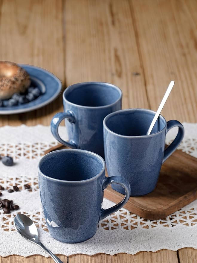 Aurora Reactive Glaze Stoneware Mugs – Set of 4 | 14oz Lagoon Blue | Handcrafted Artisan Coffee Mugs for Latte, Cappuccino & More